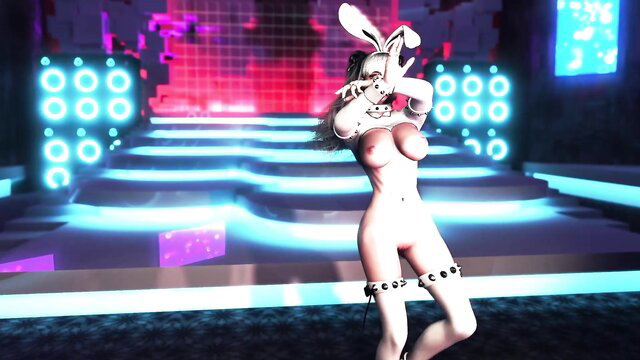 Naughty nude bunny girl stripper dances topless in neon nightclub