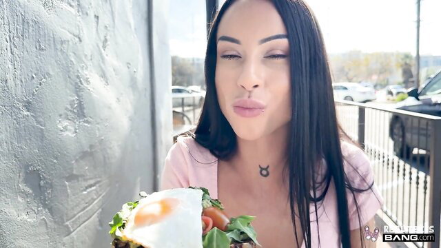 Cara Mella eating burger seductively outdoors, hot POV tease