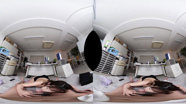 Asian woman on floor fingering pussy in VR office scene