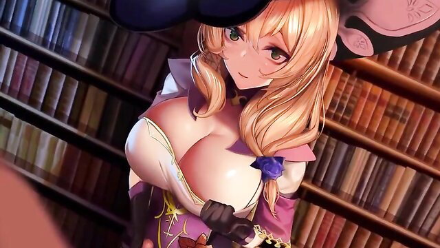 Blonde anime girl with massive tits in sexy witch outfit posing seductively