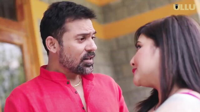 Indian MILF in red kurta flirts intimately with bearded man outdoors