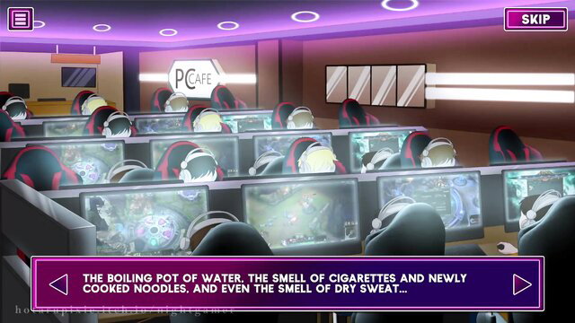 PC cafe gamers in neon-lit room, sweaty night gaming intro scene