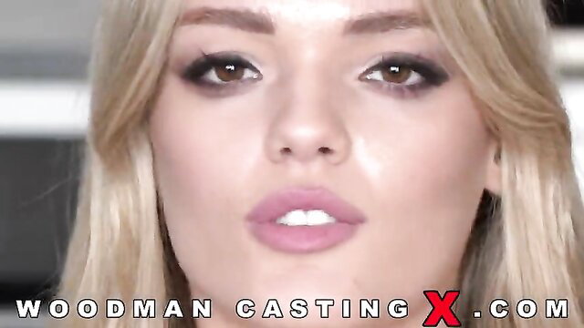 Jade Jadore blonde bombshell closeup in Woodman Casting X