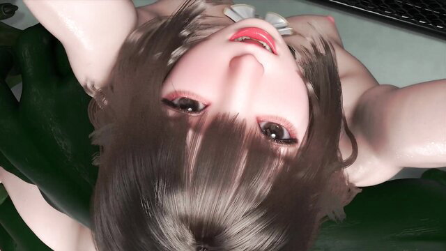 Asian anime girl upside down on desk, topless big tits exposed, glossy lips