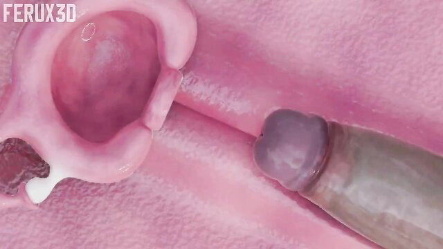 Closeup 3D render of penis penetrating pink vagina with cum, Mal0 shower time