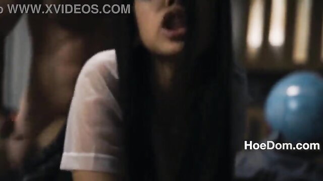 Rebellious Asian teen student spanked OTK in sheer top by muscular guy