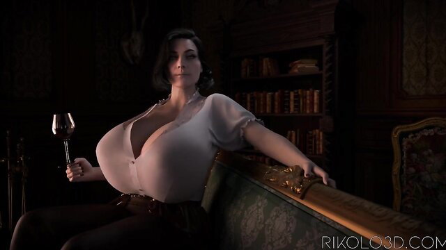 Busty Lady Dimitrescu with wine glass in sheer blouse, Rikolo 3D render