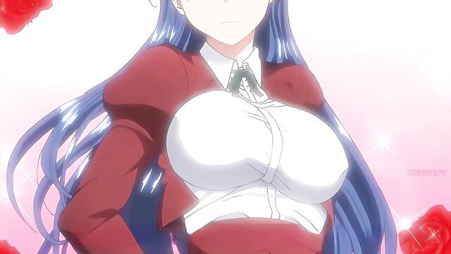 Blue-haired anime hentai girl in tight red blazer and shirt, massive cleavage tease