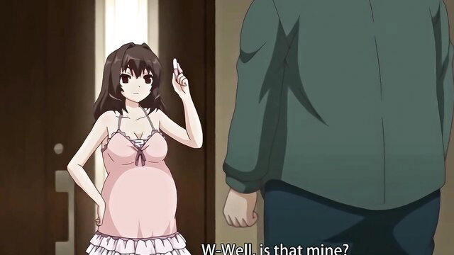 Pregnant anime girl in pink lingerie pointing at man at door, JAV hentai