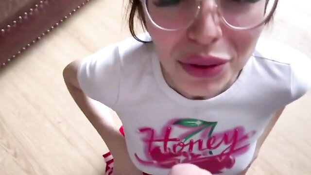 Closeup of thirsty piss girl in tight Honey cherry top, glossy lips, POV tease