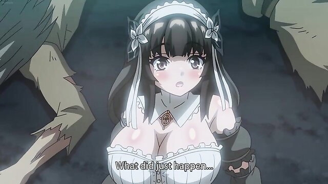 Busty black-haired anime maid in wedding dress looks confused, huge cleavage exposed
