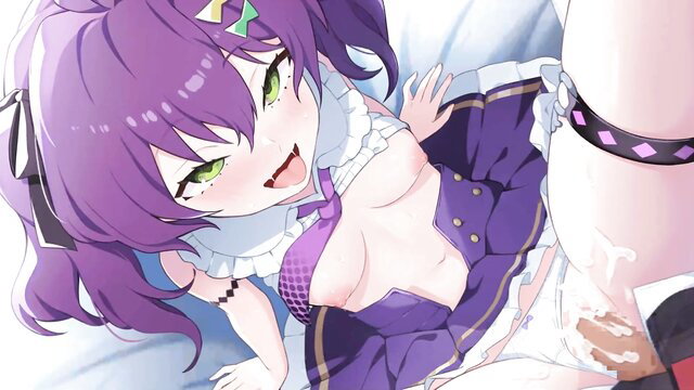 Rami Kuchiba purple-haired anime girl in frilly dress with cum on tits and pussy