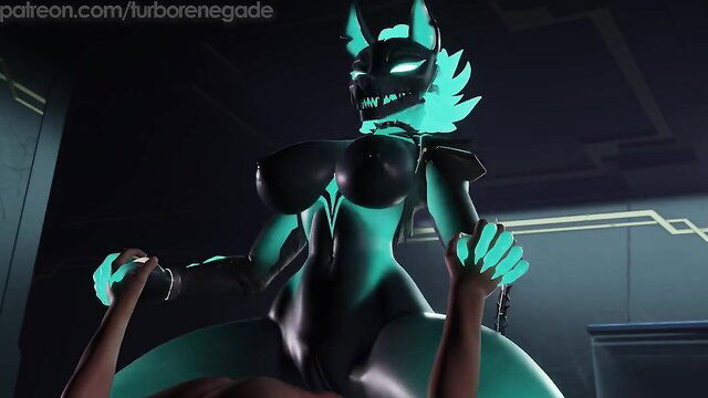 Cerberus furry babe with huge tits rides cock in neon glow