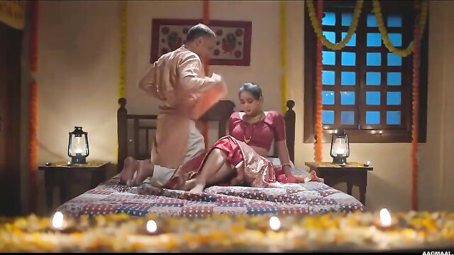 Indian wife in red saree sucks and fucks big cock on bed