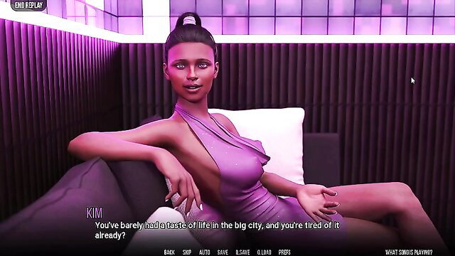 Sexy Asian Kim in tight purple dress lounges seductively on couch