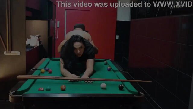 Hot trans bends over pool table taking cock from behind