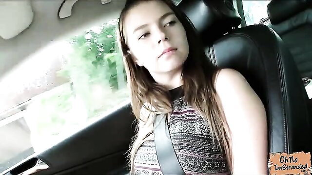 Marina with huge natural boobs hitchhiking in car, stranded hottie