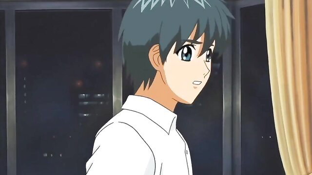 Anime guy in white shirt seduced by hot girlfriend's mom at night