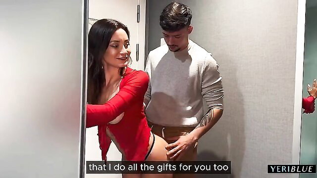 Hot married Latina in red lingerie twerks ass on guy in fitting room