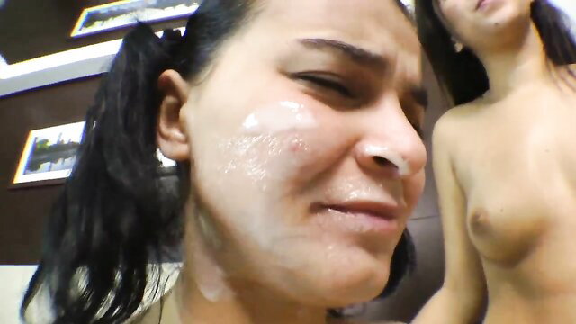 Latina lesbian slaves with cum on face in domination play
