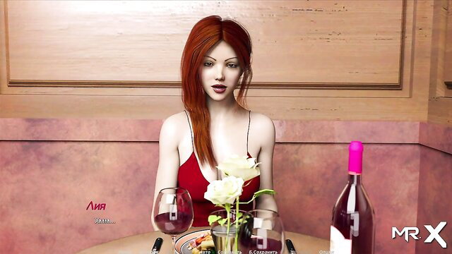 Redhead Ava in red dress at romantic candlelit dinner table