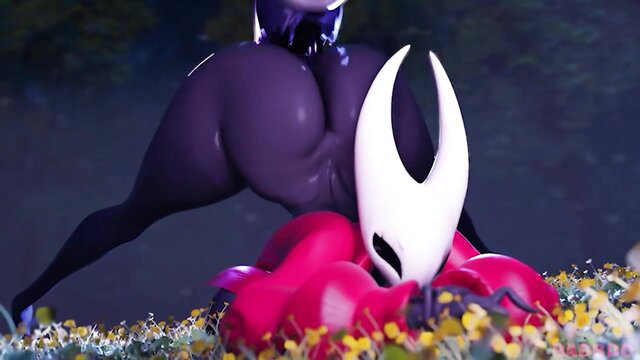 Hornet from Hollow Knight Silksong mounts massive ass on pale knight in flower field