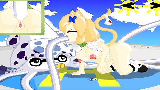 Blonde catgirl nurse fucked by giant squid tentacles on tarmac