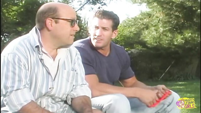 Bald guy & muscular dude chatting outdoors in Slender Brunette Fingering Horny Blonde video