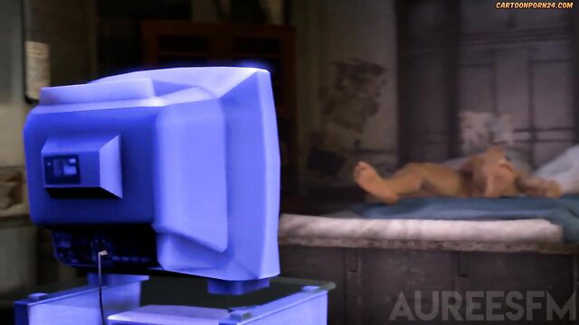 Gay cartoon hunk lounging nude on bed in dim room with blue TV glow