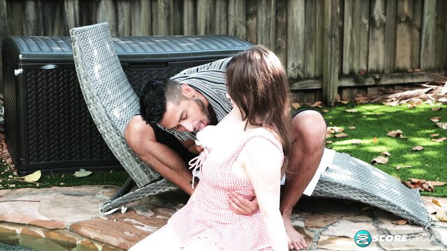 Lilibet Saunders poolside sex with man, outdoor penetration