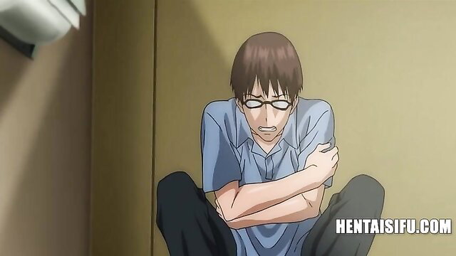 Glasses-wearing hentai guy crouching nervously in Love Bitch scene