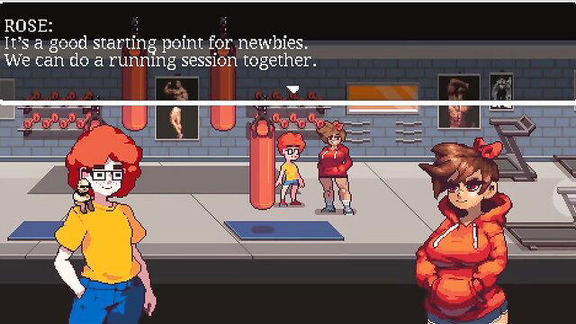 Anime girls Rose and friends in gym, orange hair, glasses, sporty outfits