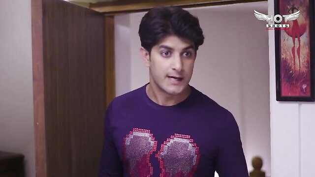 Hot Indian guy in sexy purple shirt, surprised expression, erotic thumbnail