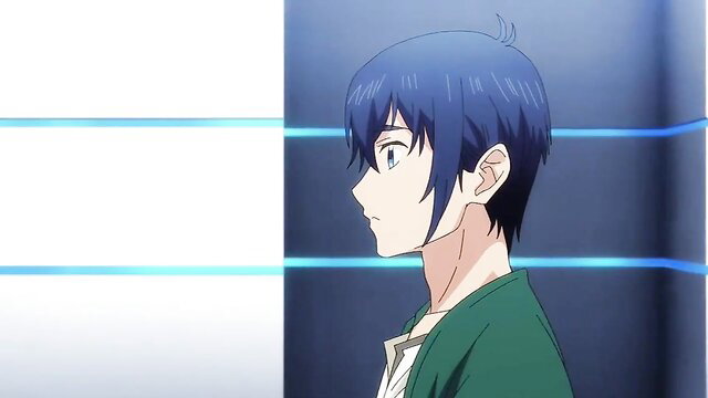 Blue-haired anime guy in green jacket, profile view, softcore ecchi scene