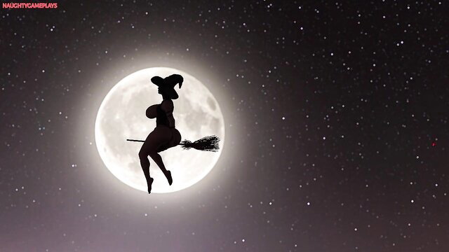 Silhouette witch riding broom over moon, hot Halloween anal tease