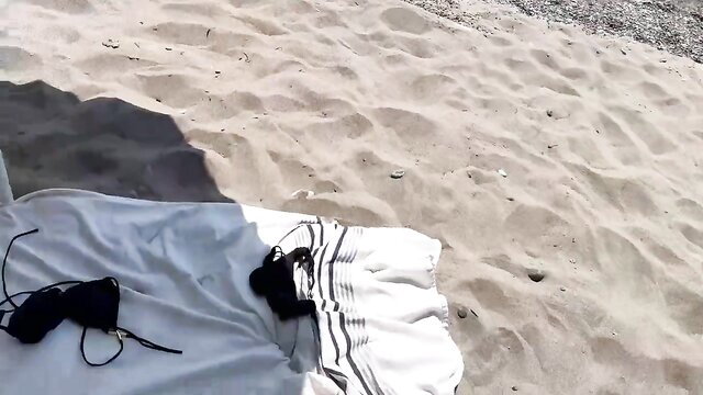 Serenity's hotwife amateur beach setup with bikini and sunglasses