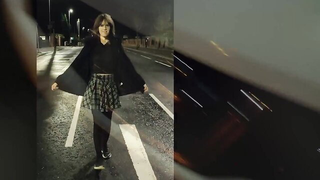 Femboy Hami playful evening walk in skirt and coat, teasing tease