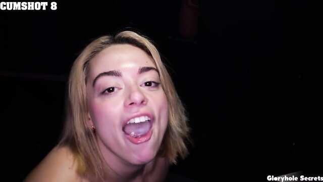 Sophia Burns gloryhole cumshot on open mouth closeup