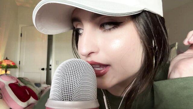 Beebee ASMR brunette in white cap lip teasing mic August exclusive