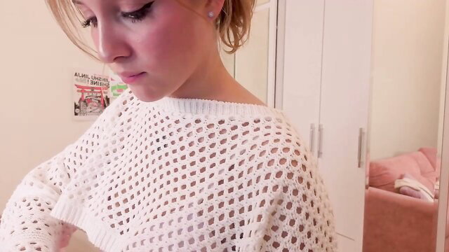 Ceceliapidcock shy 18yo petite blonde in see-through knit top closeup