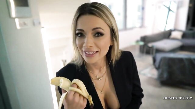 Shalina Devine hot MILF teasing with banana in cleavage