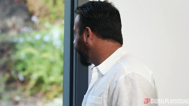 Chad White gazing out window in white shirt, wet kitchen passion tease