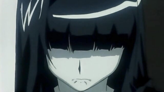 Anime girl with long black hair, hair clips, intense shadowed eyes close-up