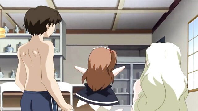 Anime girls in maid outfits worship shirtless guy's dick on tropical island