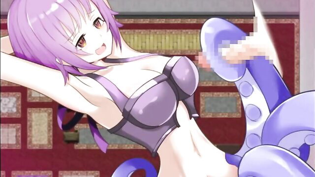 Purple-haired anime succubus in lingerie teased by tentacles in Succubus Tamer 2