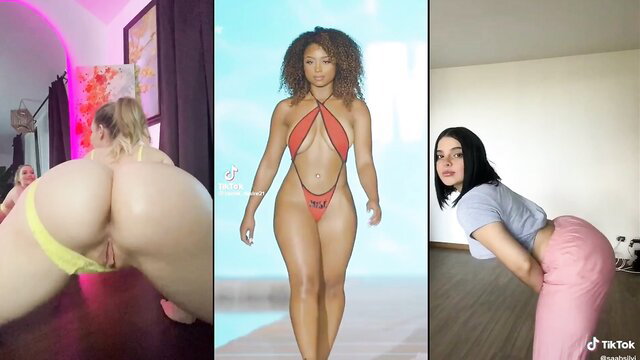 Three thick babes twerking huge asses in thongs, explicit cameltoe tease