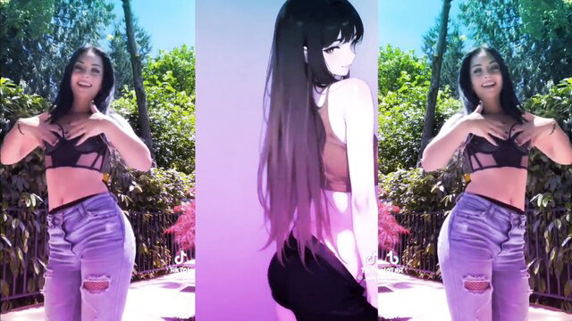 Sexy Latina in ripped jeans and bralette dances seductively, anime style split