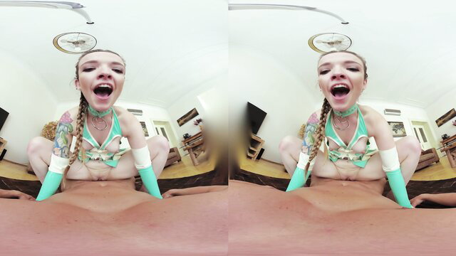 Kylie Nymphette in manga latex nymph outfit, wide smile POV tease