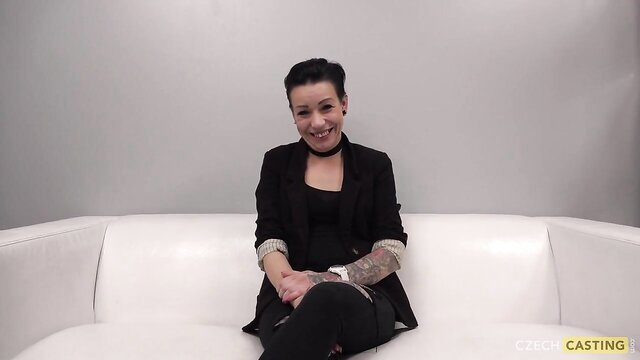 CzechCasting Veronika tattooed brunette with short hair in blazer interview