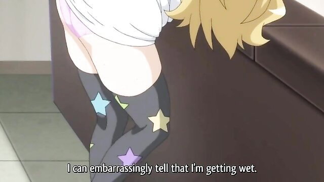 Blonde anime idol sister embarrassed, wet panties visible upskirt stockings